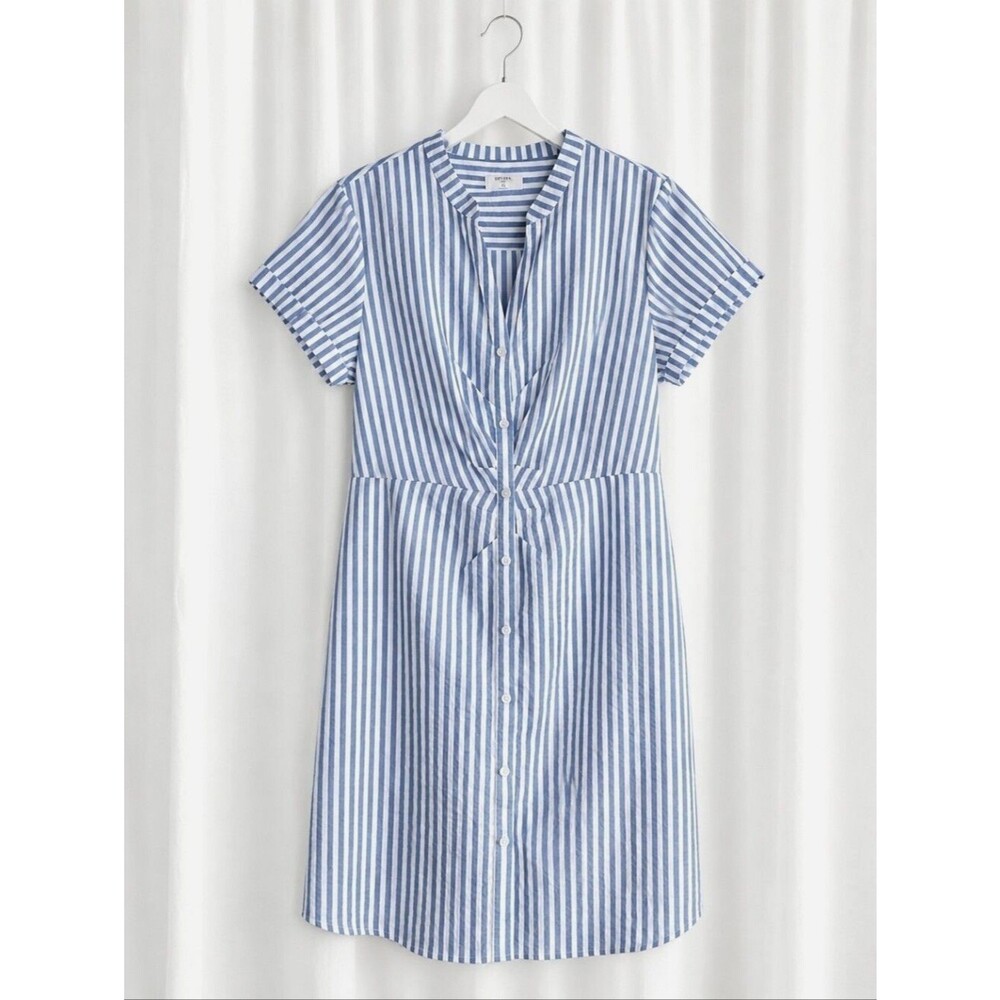 UNTUCKit Cybil Blue White Stripes Button Front V-Neck Resort Wear Shirt Dress